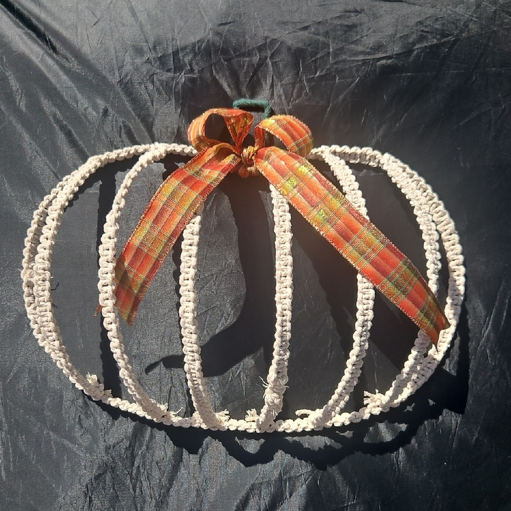 Macrome Pumpkin Cream with Orange Plaid Bow Holiday Decor